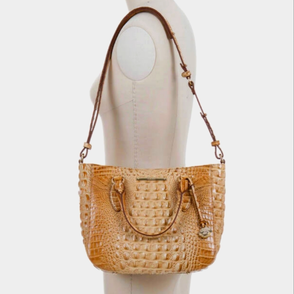 Brahmin Croc Embossed Leather Shoulder Satchel Bag Crossbody Tan EUC - Picture 2 of 9